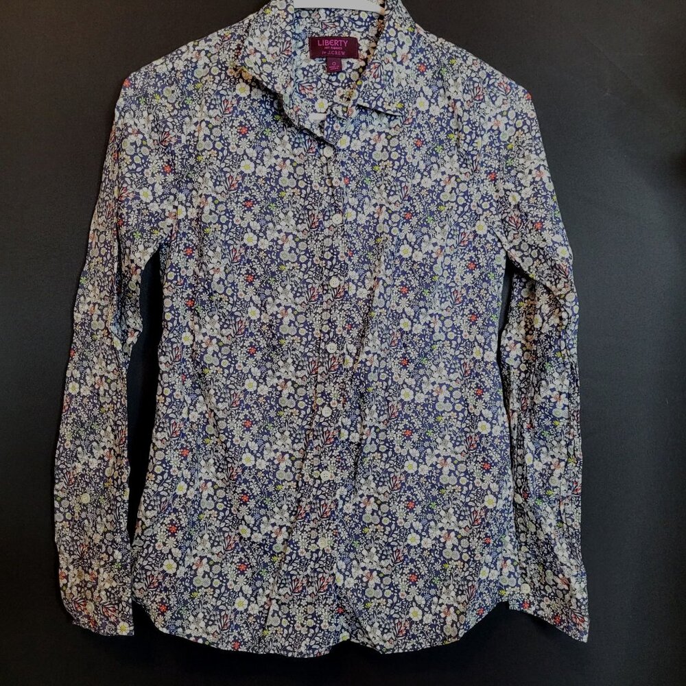 J Crew Button Up Shirt Liberty Art Fabrics Size 0 Navy Floral Print Womens Top